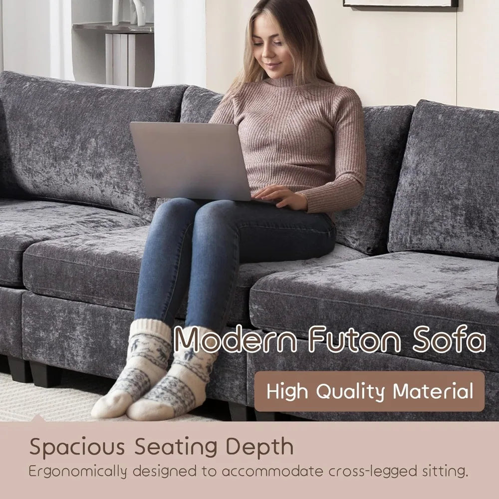 Modern Chenille 3-Seater Sofa w/ Storage, Deep Cushions, 111" Couch, Grey