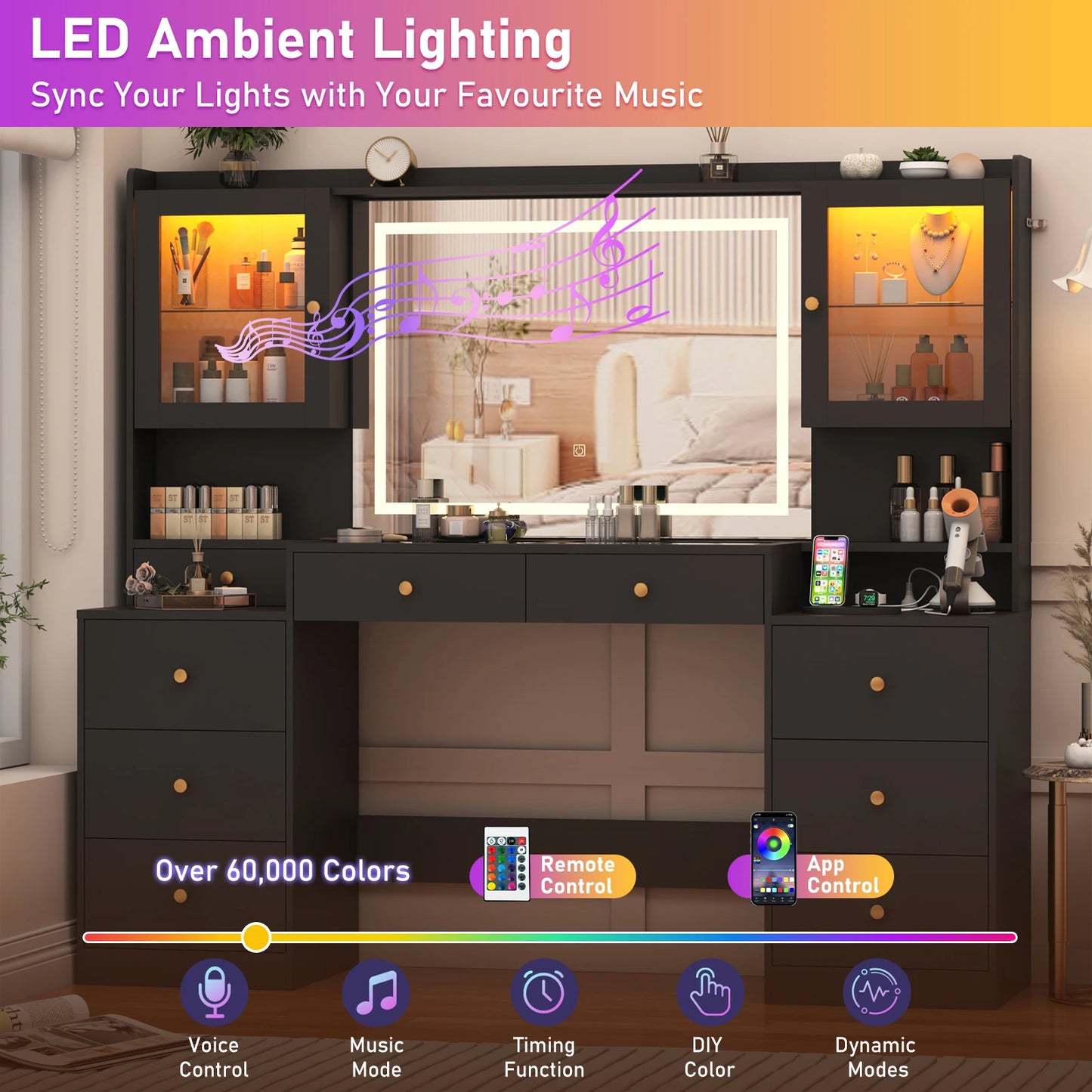 61.7" Large Vanity Desk with Mirror Lights Charging Station Storage