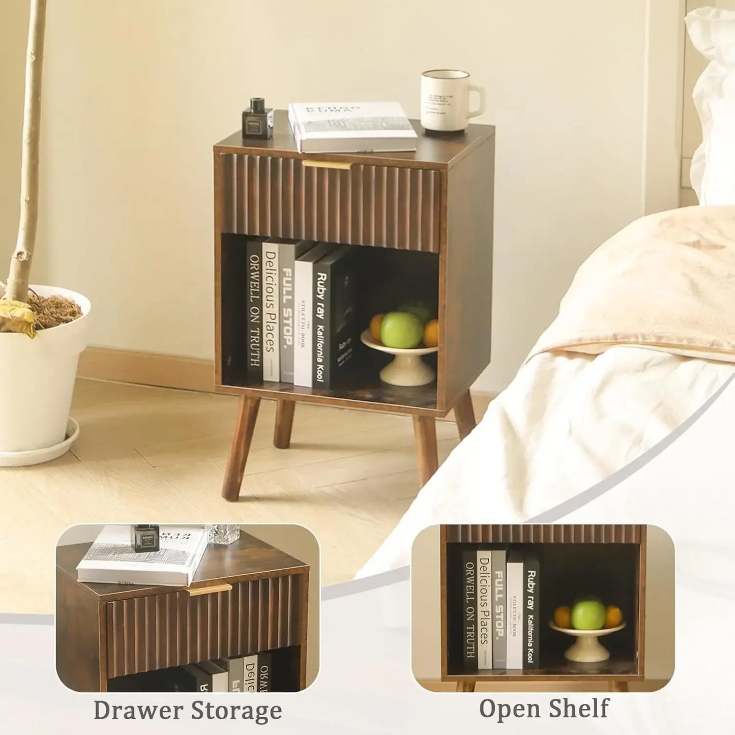 Modern Nightstand Wooden Bedside Table Storage Fluted End Table