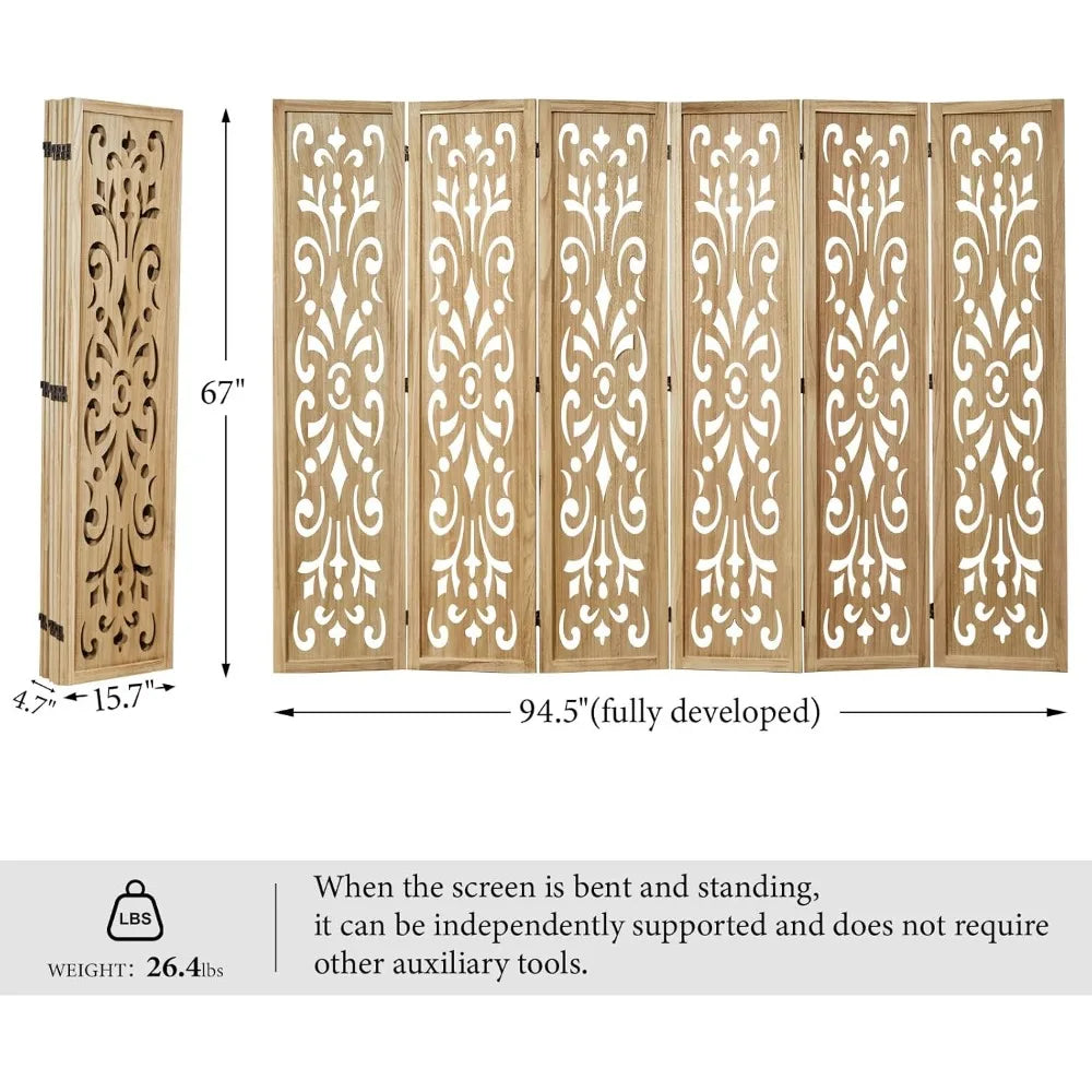 5.6Ft Room Divider Folding Wood Classical Carved Partition Screen 6 Panels