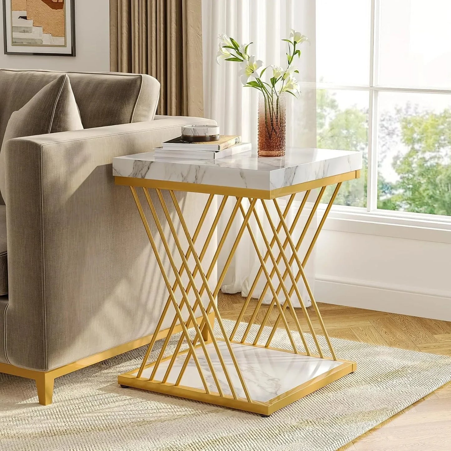 Square End Table Modern 2-Tier Side Table Bedside Table Storage