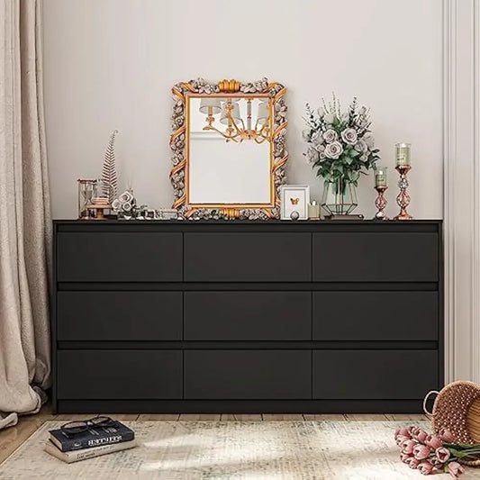 Modern 9 Drawer Dresser Large Wooden Storage Chest for Bedroom Organization