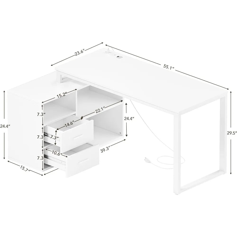 L Shaped Desk with Storage Drawers and Power Outlets 55 Inch