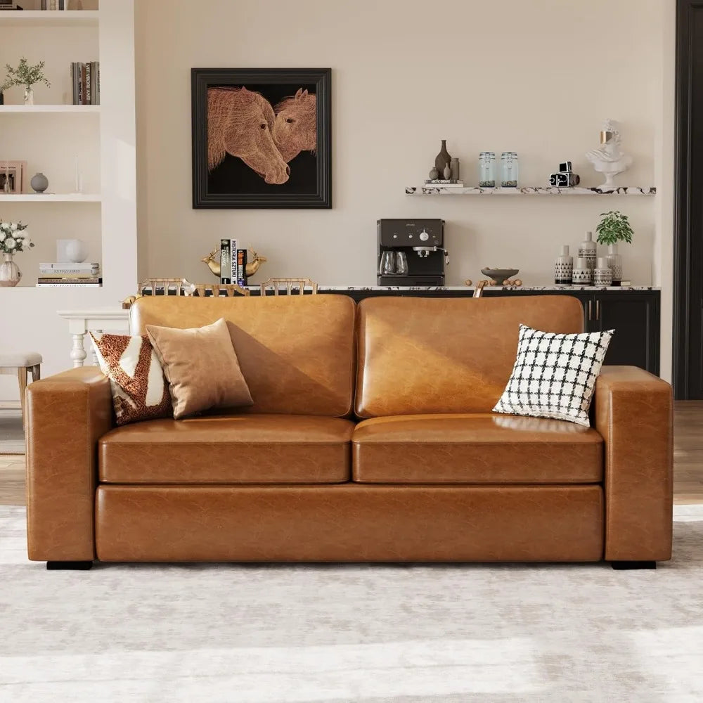 85 Inch Faux Leather Couch Mid Century Modern Deep Seat Sofa