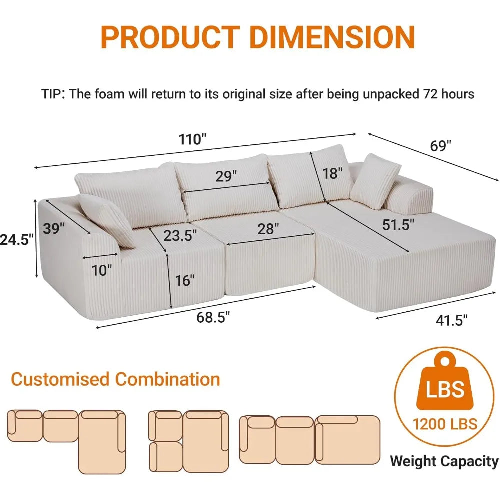 L Shaped Couch Modular Sofa Chaise Cloud Sectional for Living Room