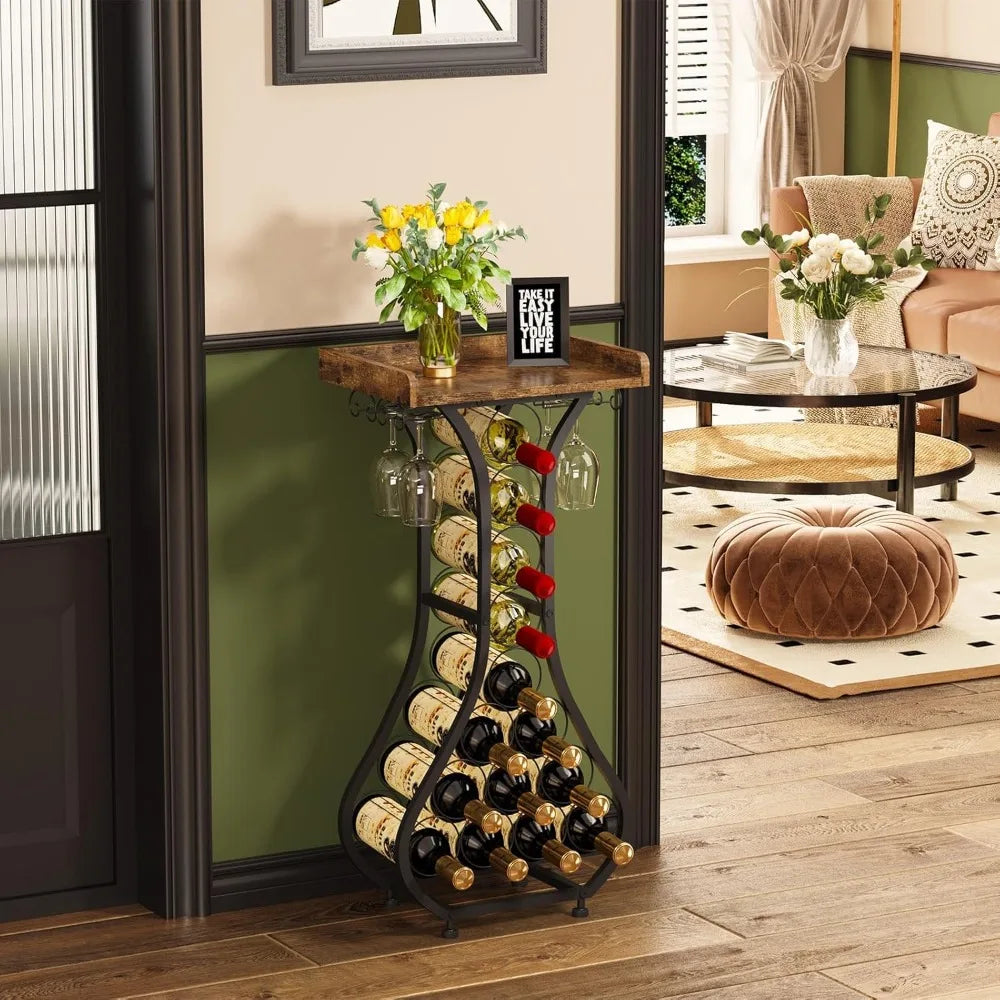 Mini Bar Table Wine Cabinet with Glass Shelf Wooden Top Home Bar Storage