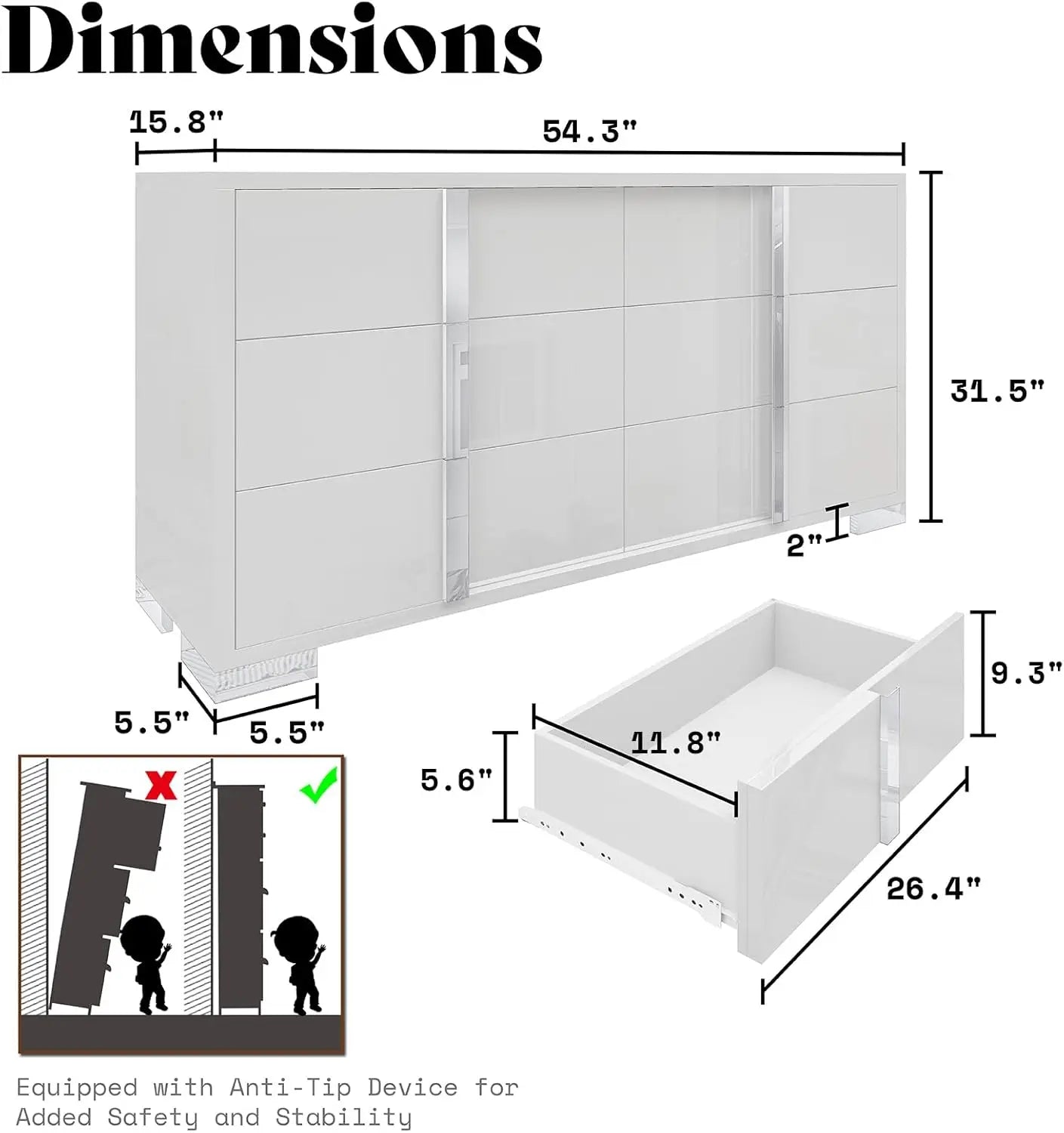 54 Inch High Gloss 6 Drawer Dresser Modern Storage Chest for Bedroom