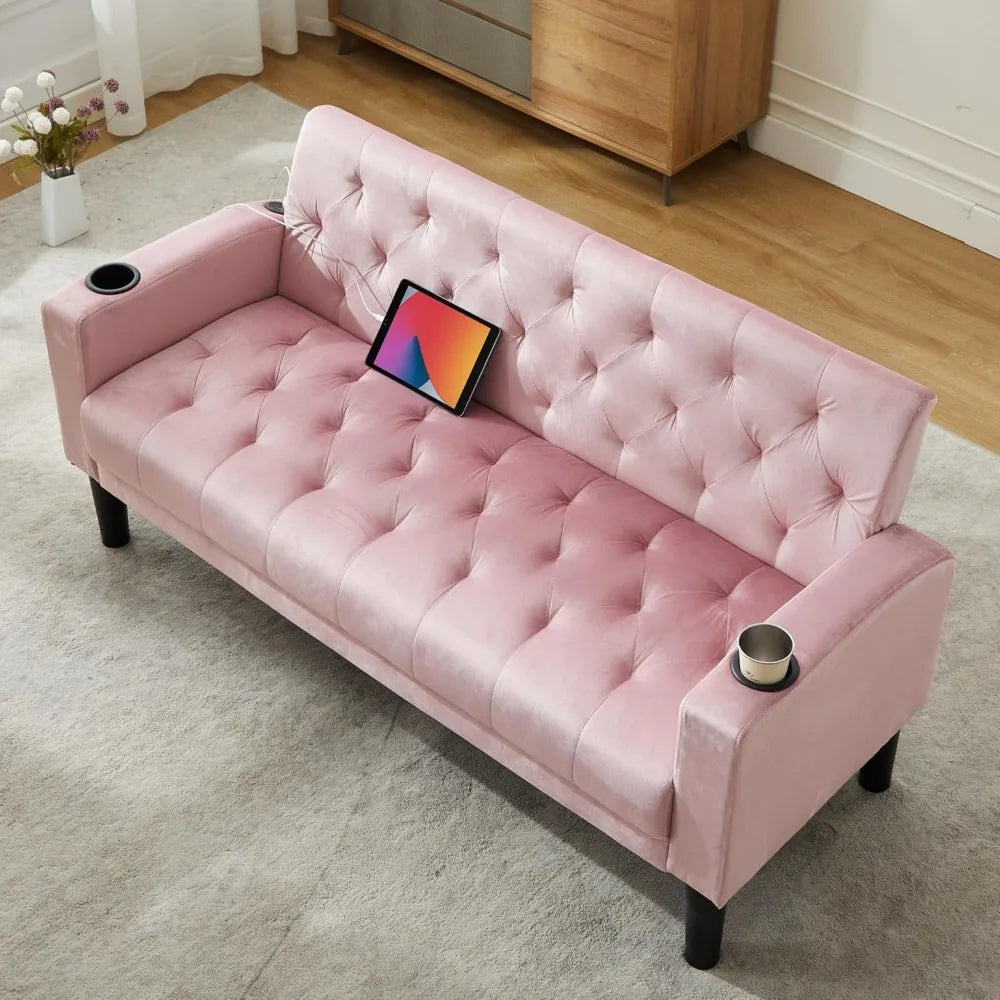 62 Inch Loveseat Sofa with USB Ports and Cupholders Modern Design