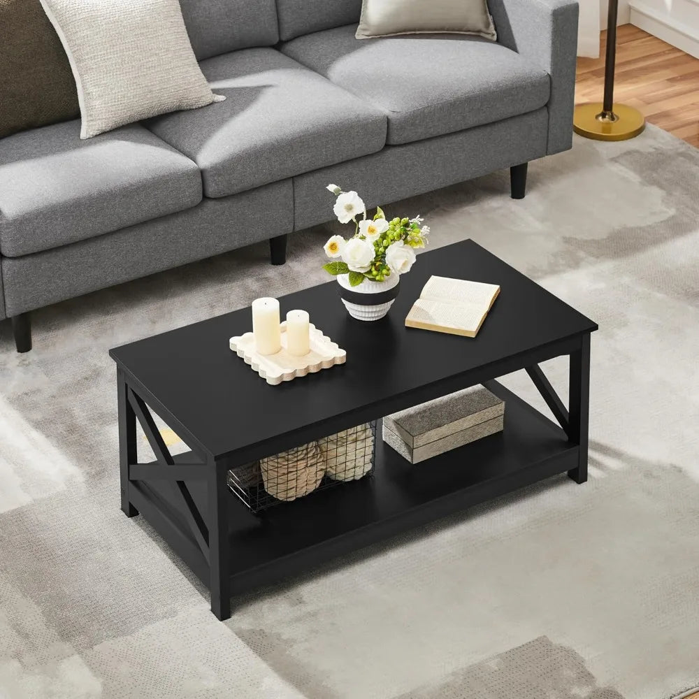 Wood 2-Tier Coffee Table with Storage Shelf Modern X Design Living Room