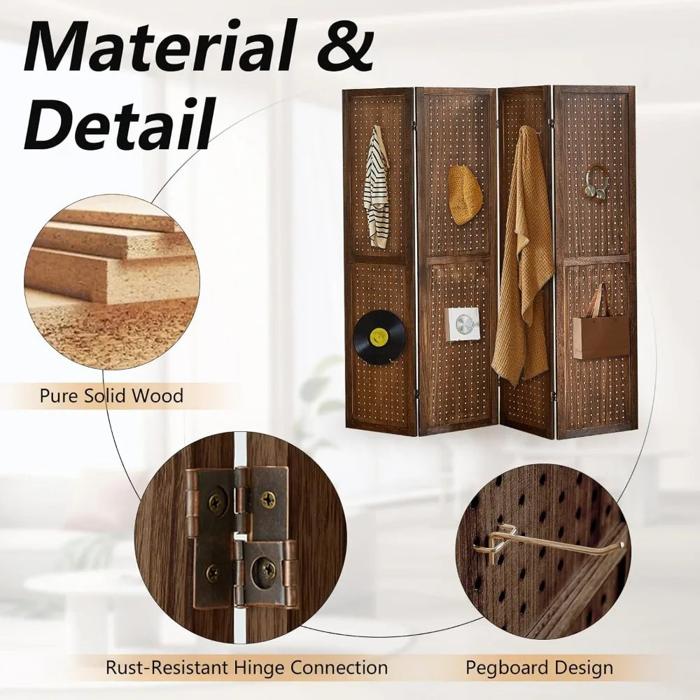 4 Panel Room Divider Folding Privacy Screen Pegboard Display Board