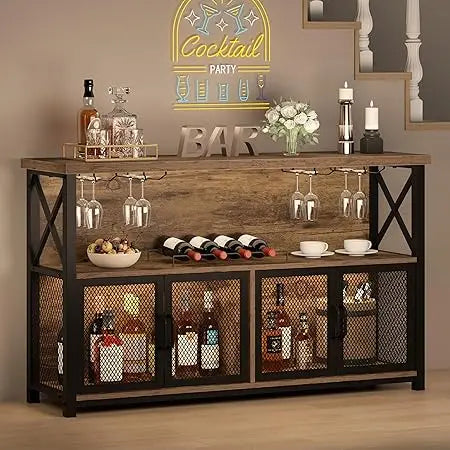Industrial Coffee Bar Cabinet Farmhouse Wine Storage Sideboard Organizer