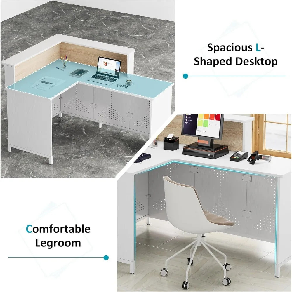 L-Shaped Reception Desk with LED Lights Modern Checkout Counter Table