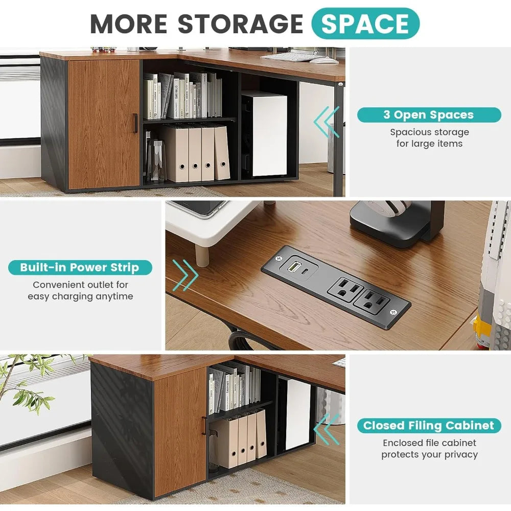 L Shaped Executive Desk with File Cabinet and Power Outlet for Office