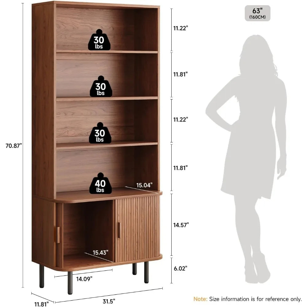 71 Inch Tall 4 Tier Bookshelf with Storage Cabinet Adjustable Shelves