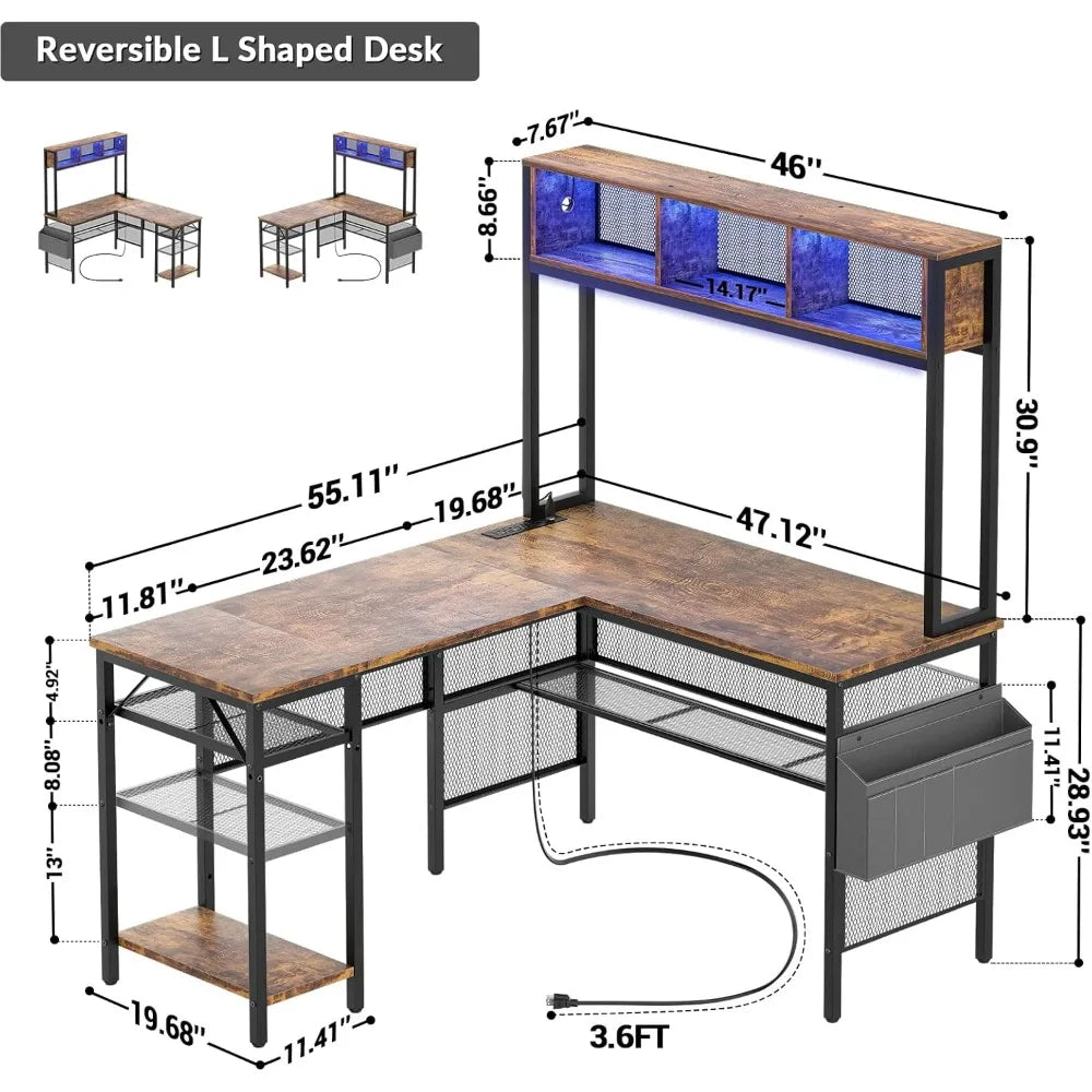 L Shaped Computer Desk with LED Lights USB Ports Reversible Storage