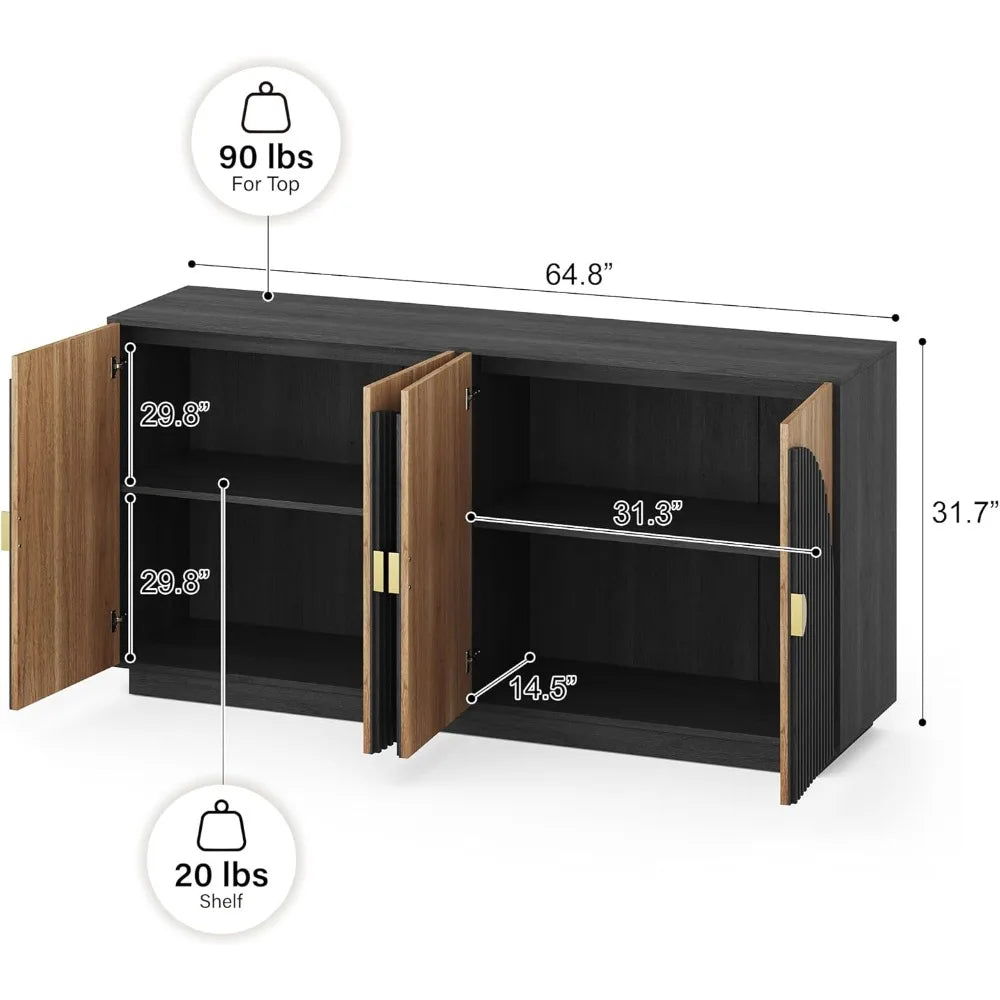 65 Inch Fluted Buffet Cabinet Storage Sideboard Console Table Dining Room