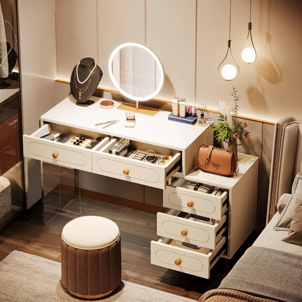 White Makeup Vanity Desk with 5 Drawers Extendable Modern Dressing Table