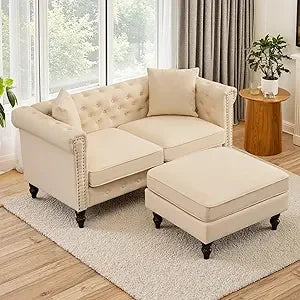 Classic Chesterfield Tufted Linen Loveseat Sofa with Gourd Legs