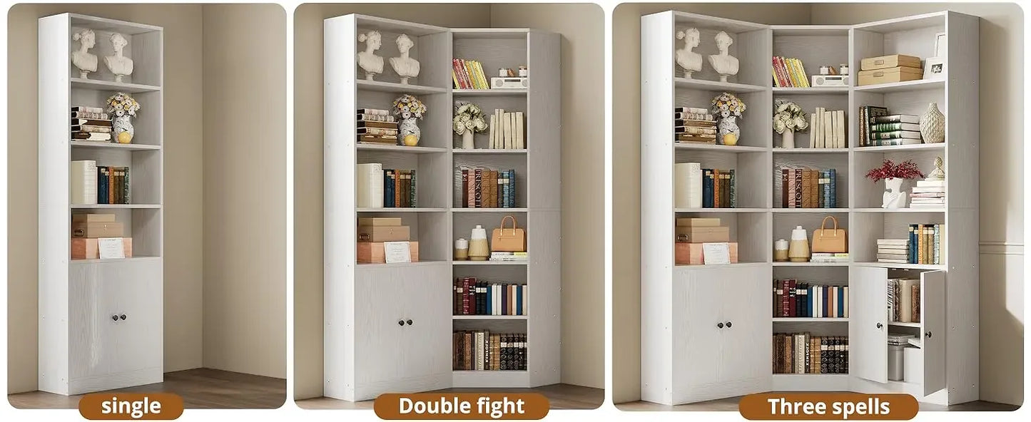 Ljustra Corner Bookshelf with 7 Adjustable Shelves and Storage Cabinets