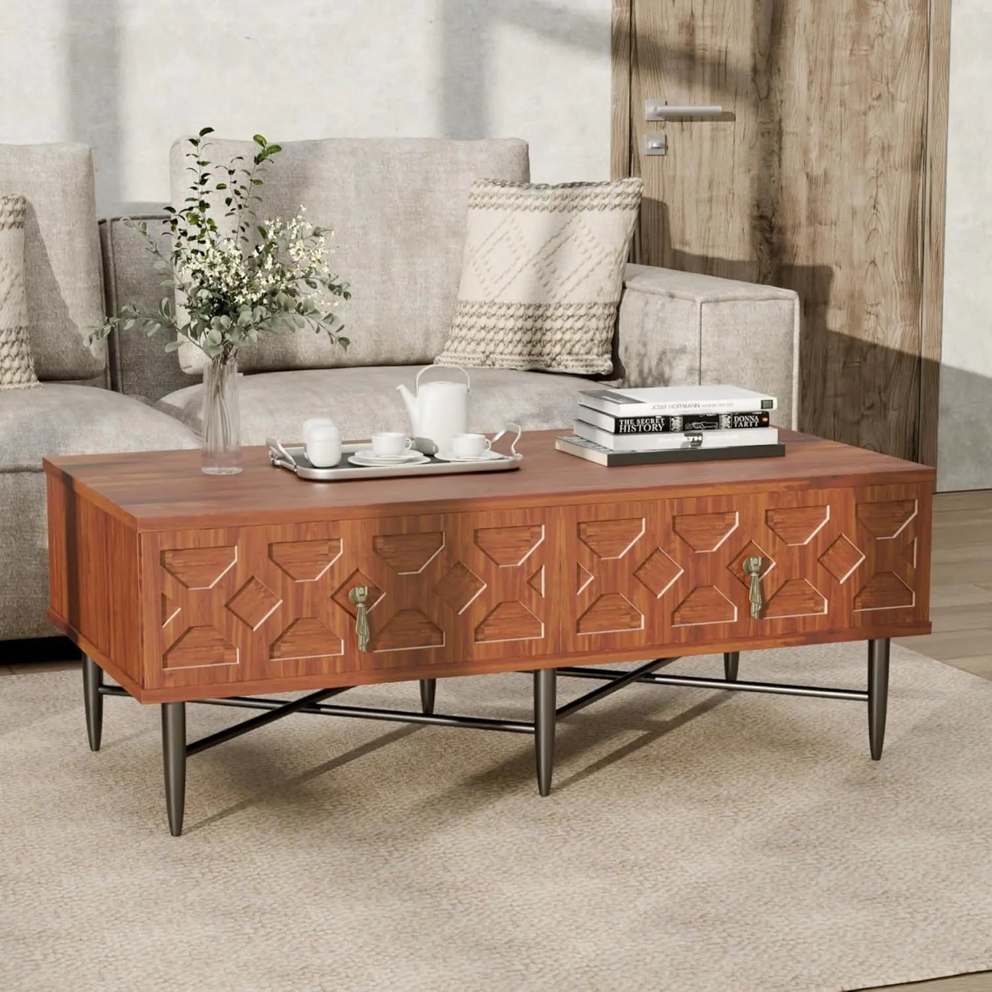 Mid Century Modern Fluted Wooden Coffee Table with Storage for Living Room