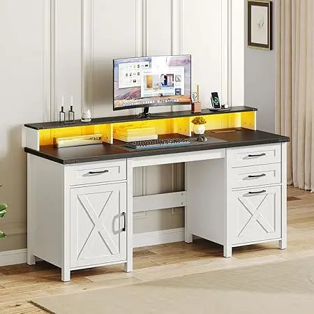 Farmhouse Executive Desk with Drawers LED Light Power Outlet Large