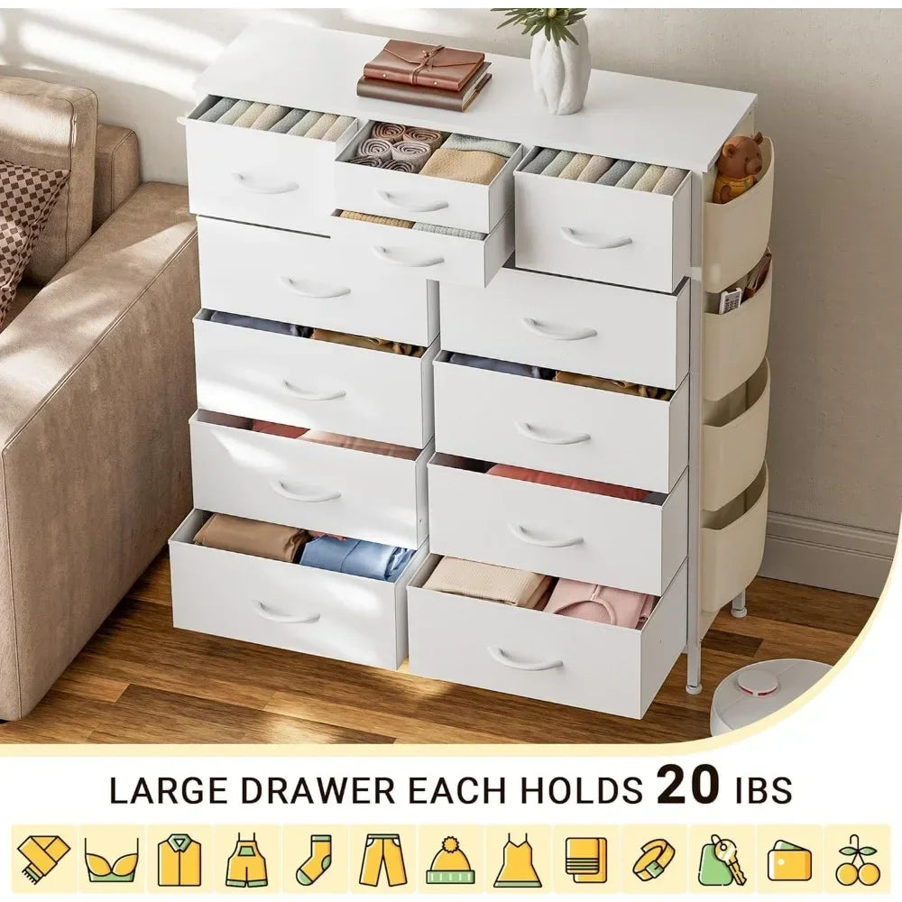 Dresser for Bedroom with 12 Drawers and Side Pockets for Storage