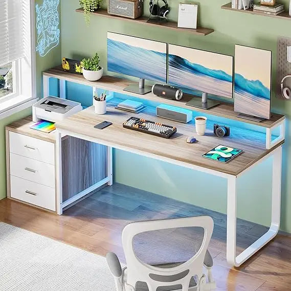 Ljustra 67 Inch Computer Desk with 3 Drawers and LED Light for Home Office