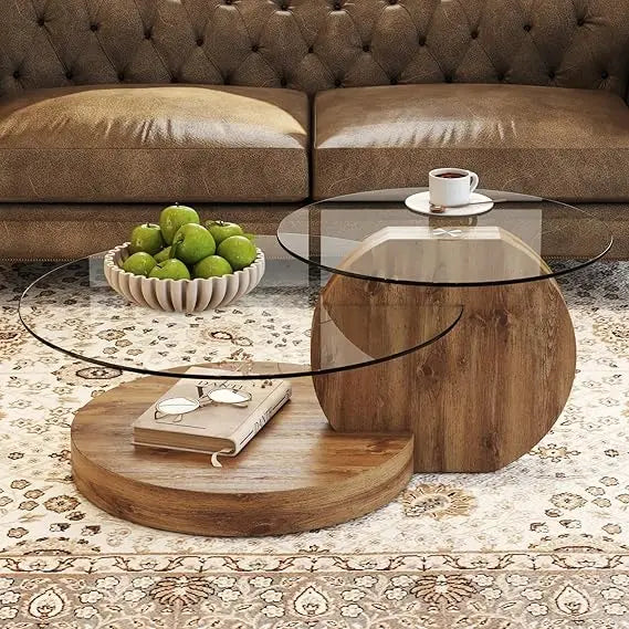 Modern 42 Inch Round Glass Coffee Table 3-Tier Wood Shelves Living Room