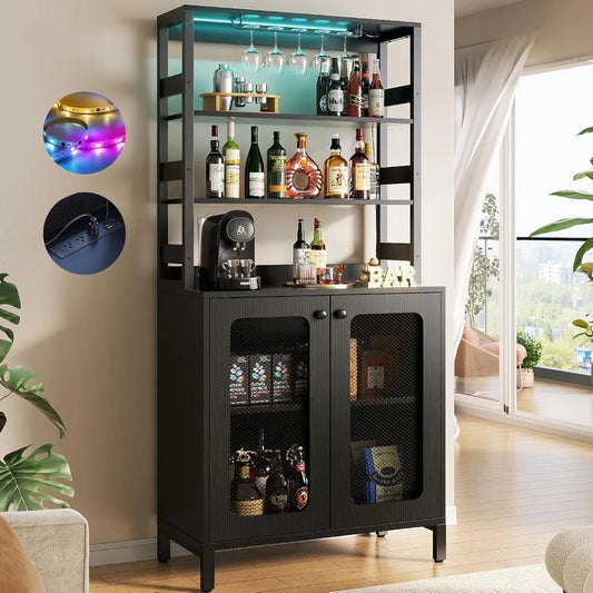 Tall Bar Cabinet with Power Outlets LED Lights Wine Liquor Storage