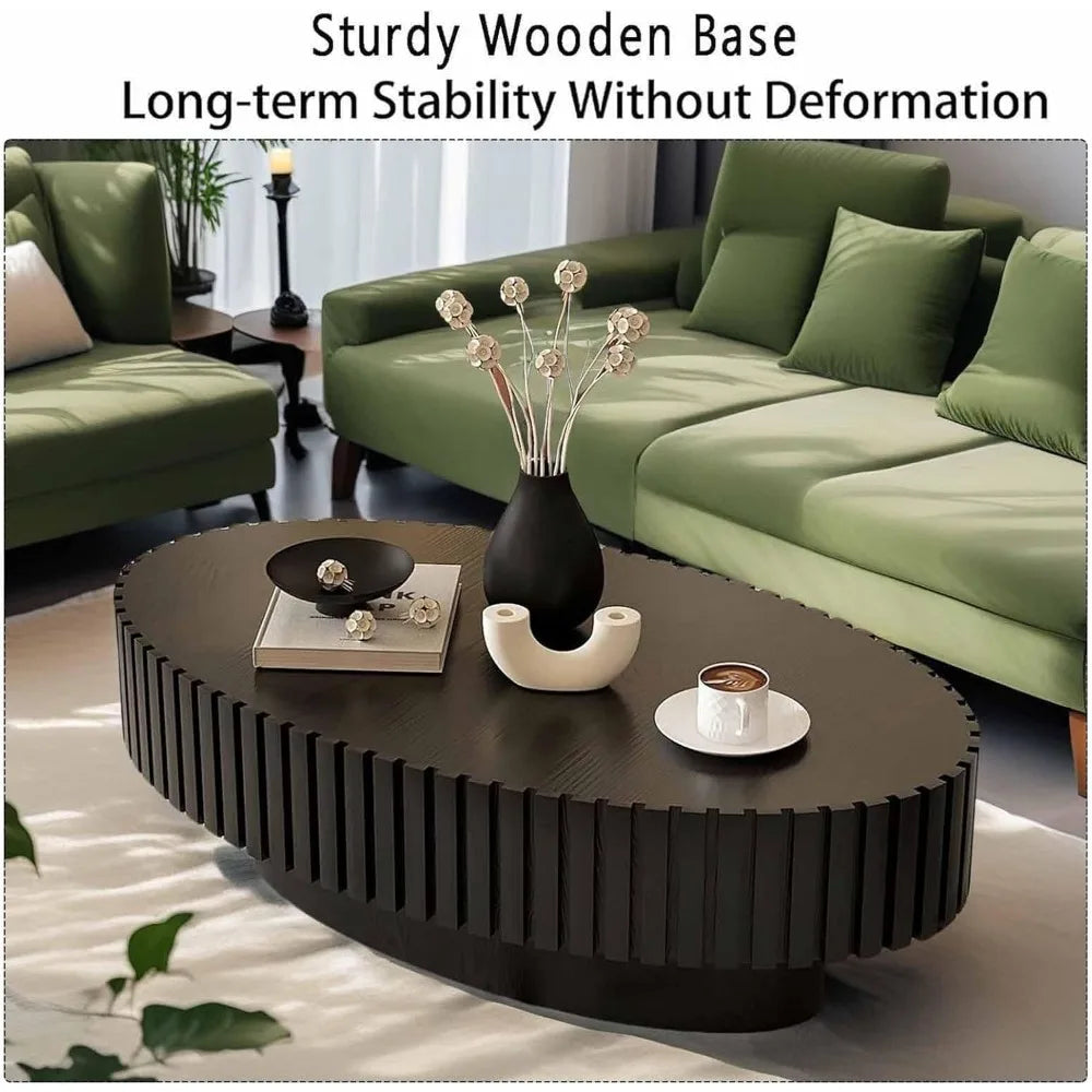 Modern Oval Coffee Table Handcrafted Drum Fluted Center Table