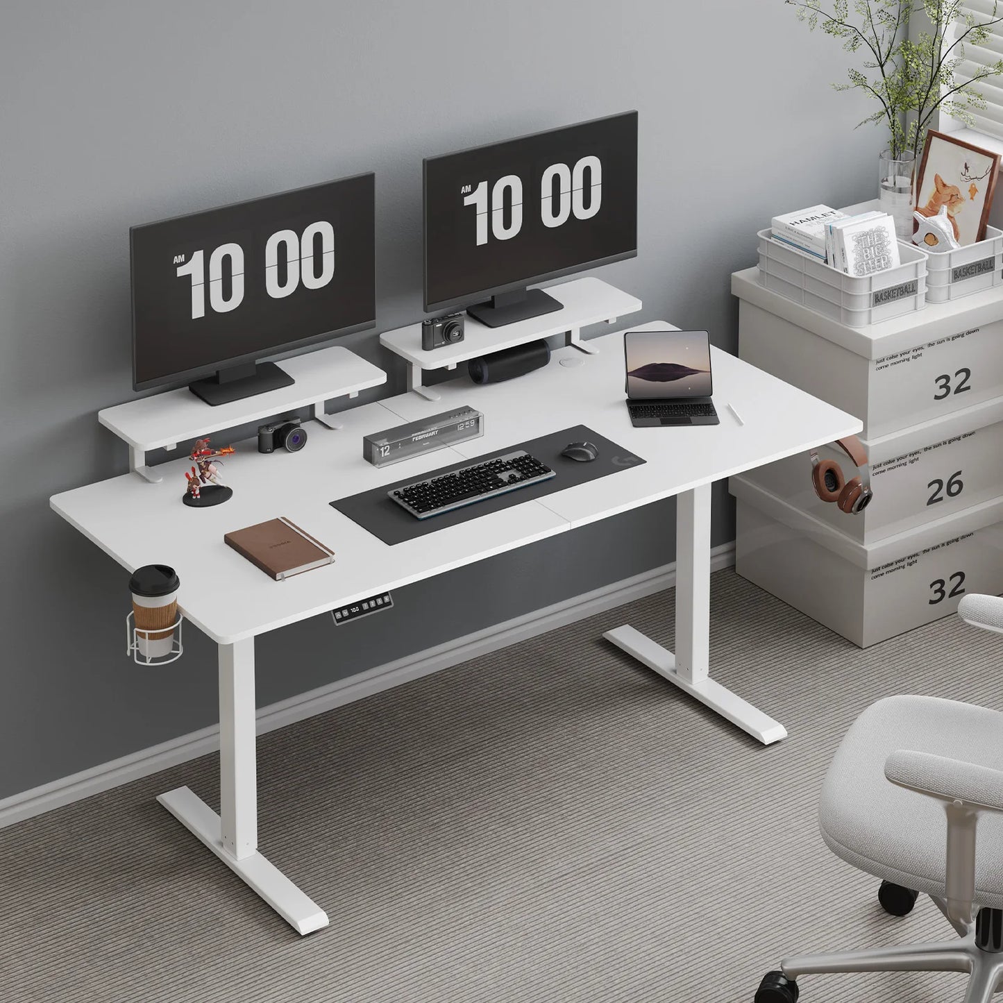 Electric Standing Desk with Adjustable Monitor Shelves and Memory Controller