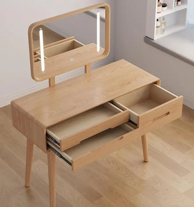 Solid Wood Makeup Vanity Desk with Adjustable LED Mirror Lighting