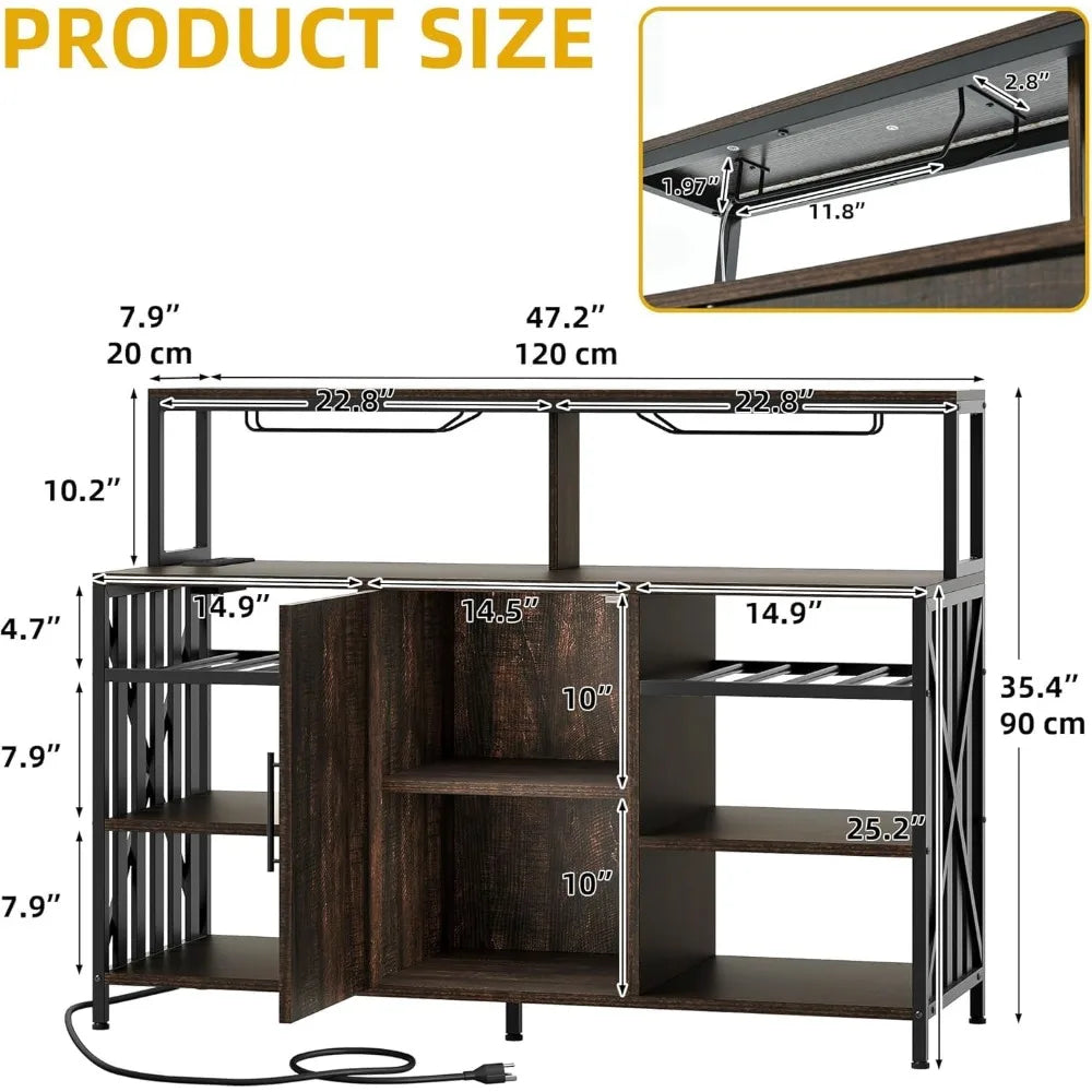 47 Inch Bar Table Cabinet with LED Lights Power Outlet Wine Rack