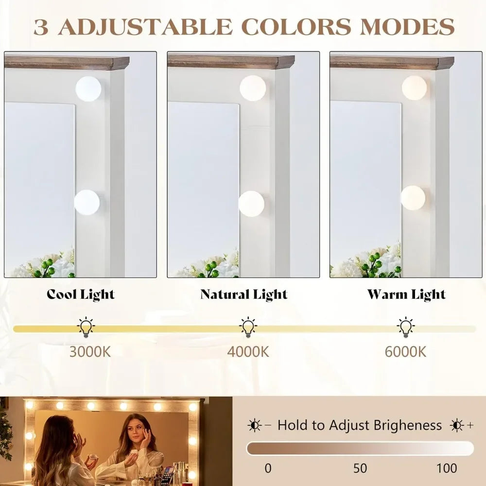 55 Inch Farmhouse Vanity Desk with Mirror Lights Charging Station 5 Drawers