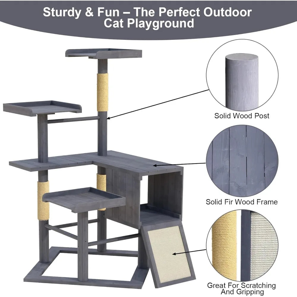 Ljustra Outdoor Cat Tree 67" Weatherproof Wood Tower with Condo Perches
