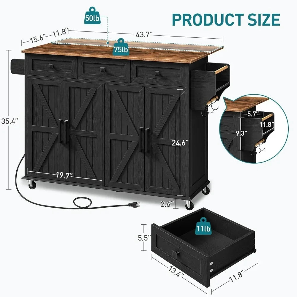 Kitchen Island with Drop Leaf Rolling Cart and Charging Station Storage
