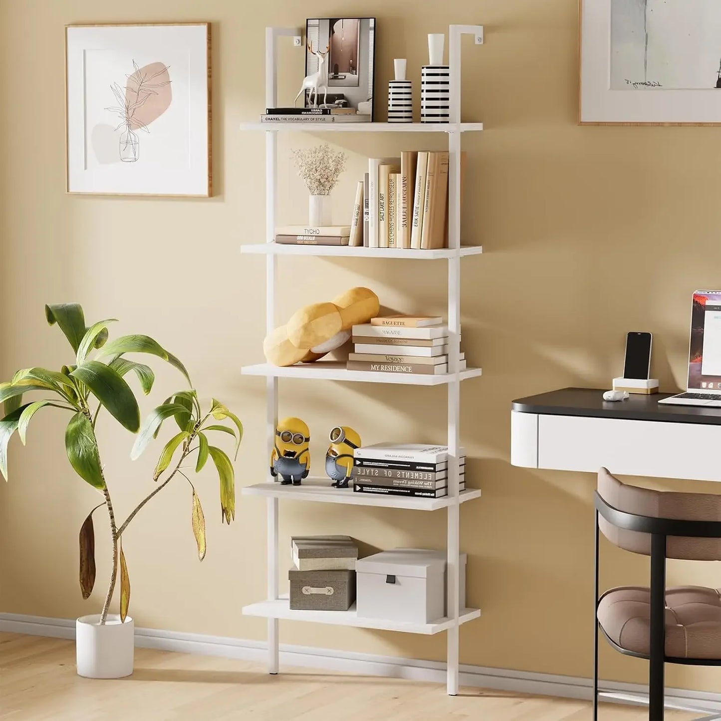 Ladder Shelf 5-Tier Wooden Bookshelf Wall-Mounted Plant Stand Utility