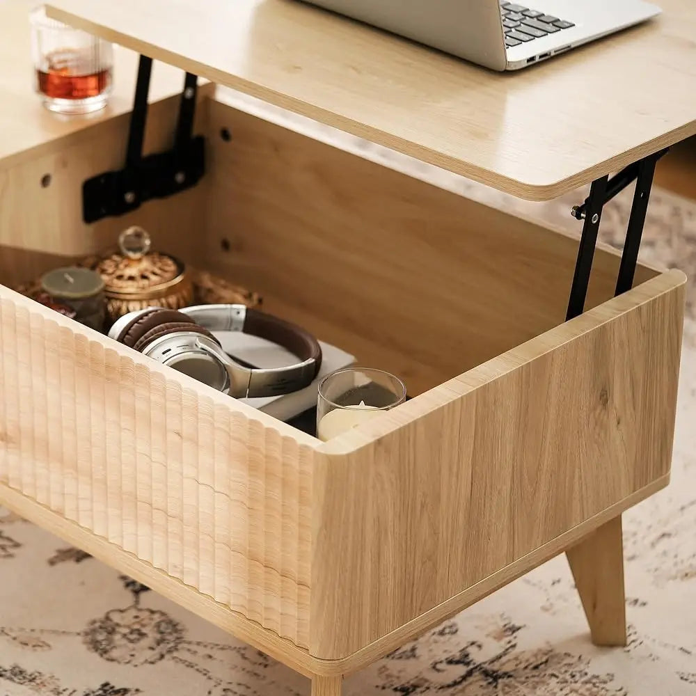 Fluted Lift Top Coffee Table with Hidden Compartment Modern Design