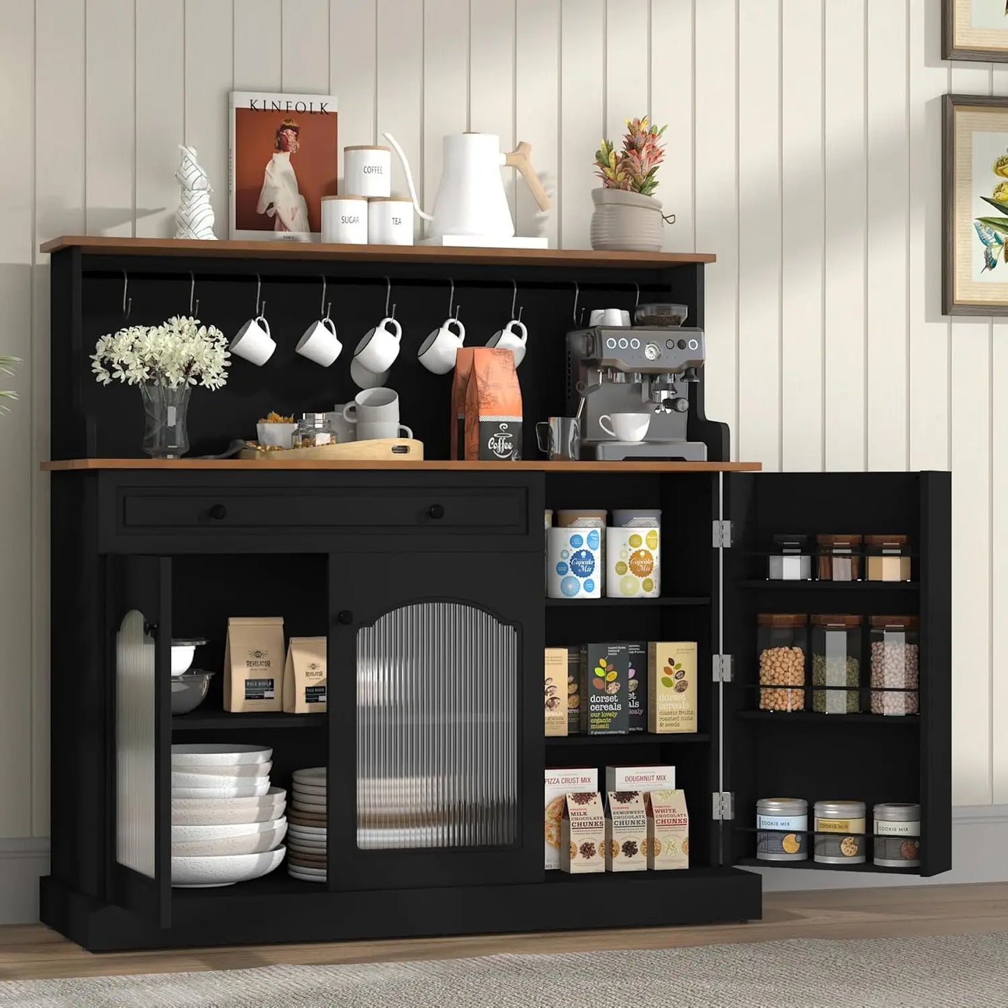 48 Inch Kitchen Pantry Wood Coffee Bar Cabinet with Glass Doors
