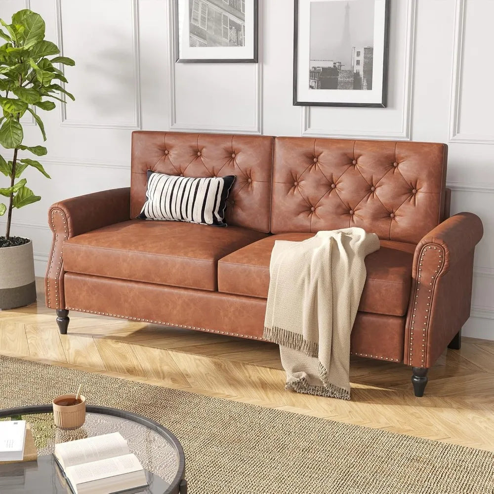 Ljustra Brown Couch 73 Inch Sofa Faux Leather Vintage Office Sofa