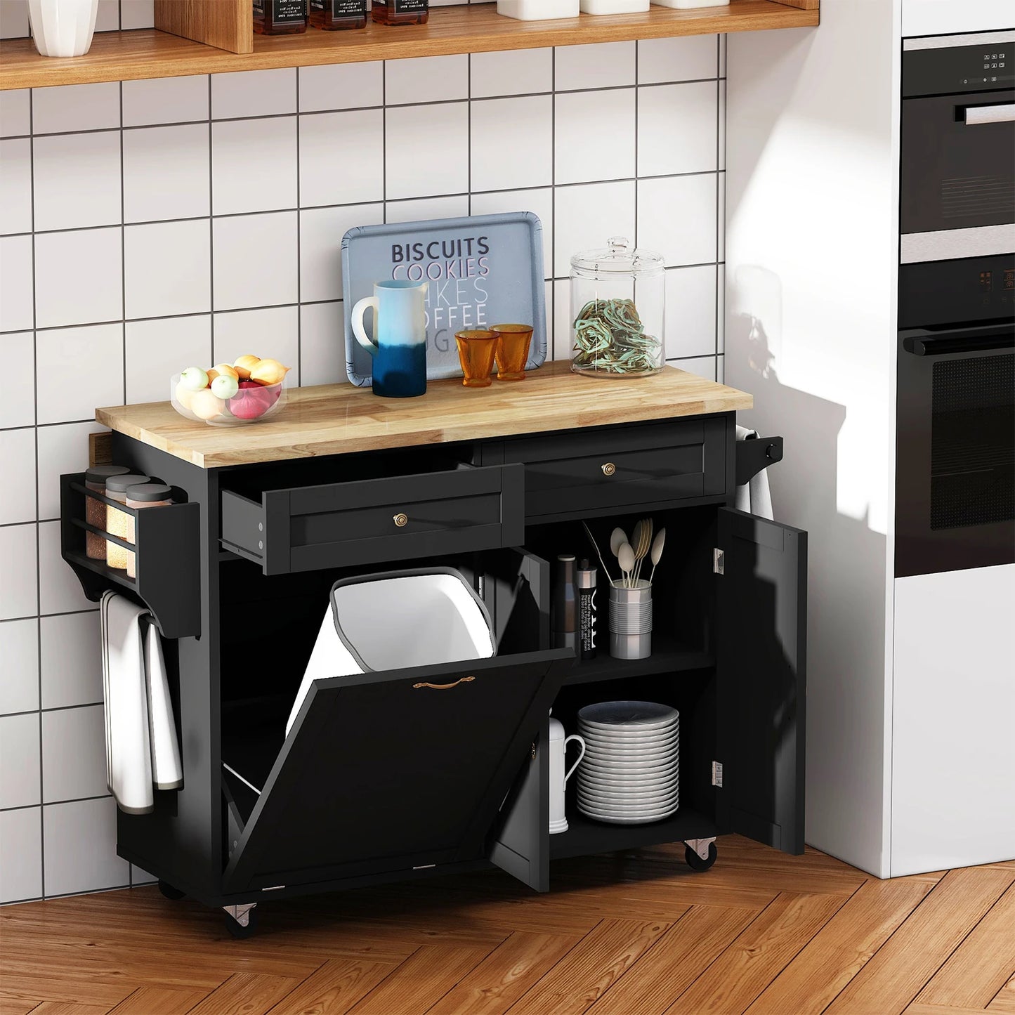 Kitchen Island with Storage Rolling Cart Drop Leaf Towel Rack