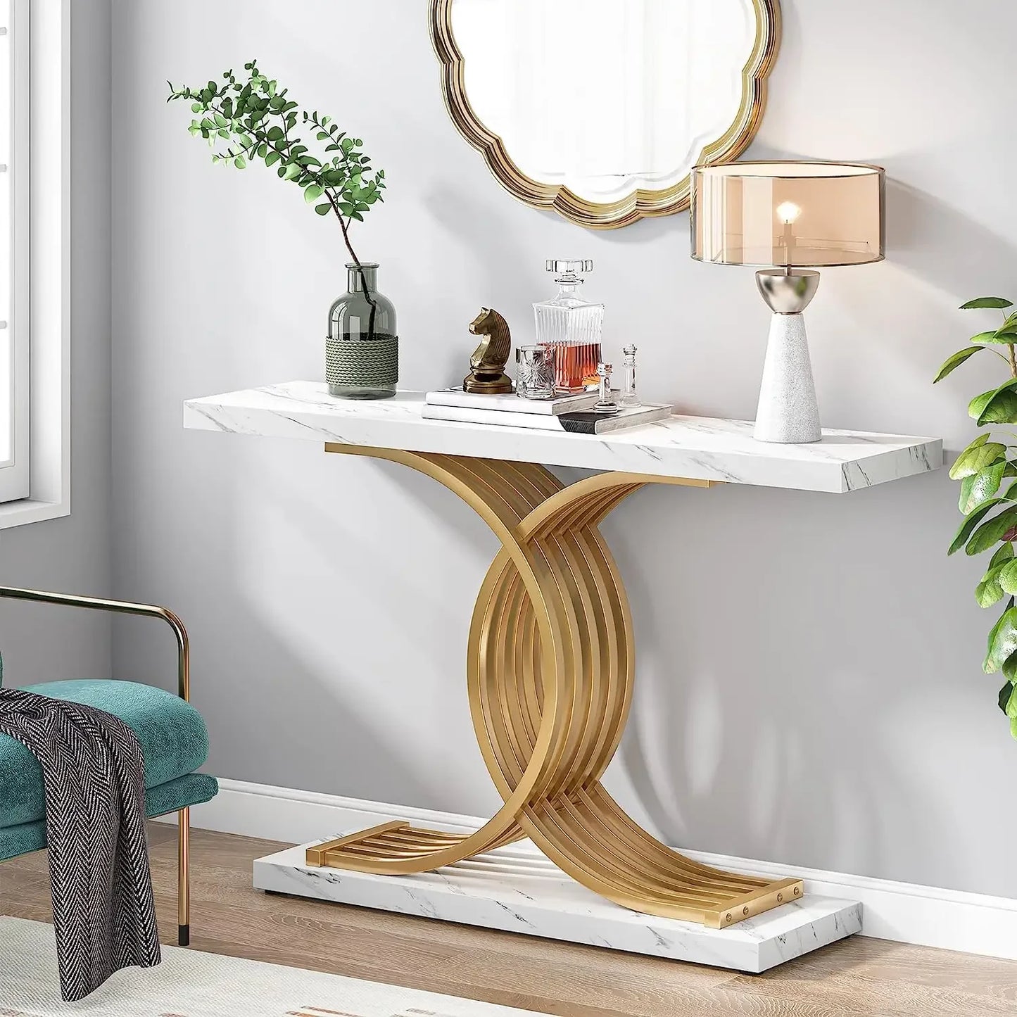 Ljustra Modern 39-Inch Console Table Faux Marble Gold Metal Legs