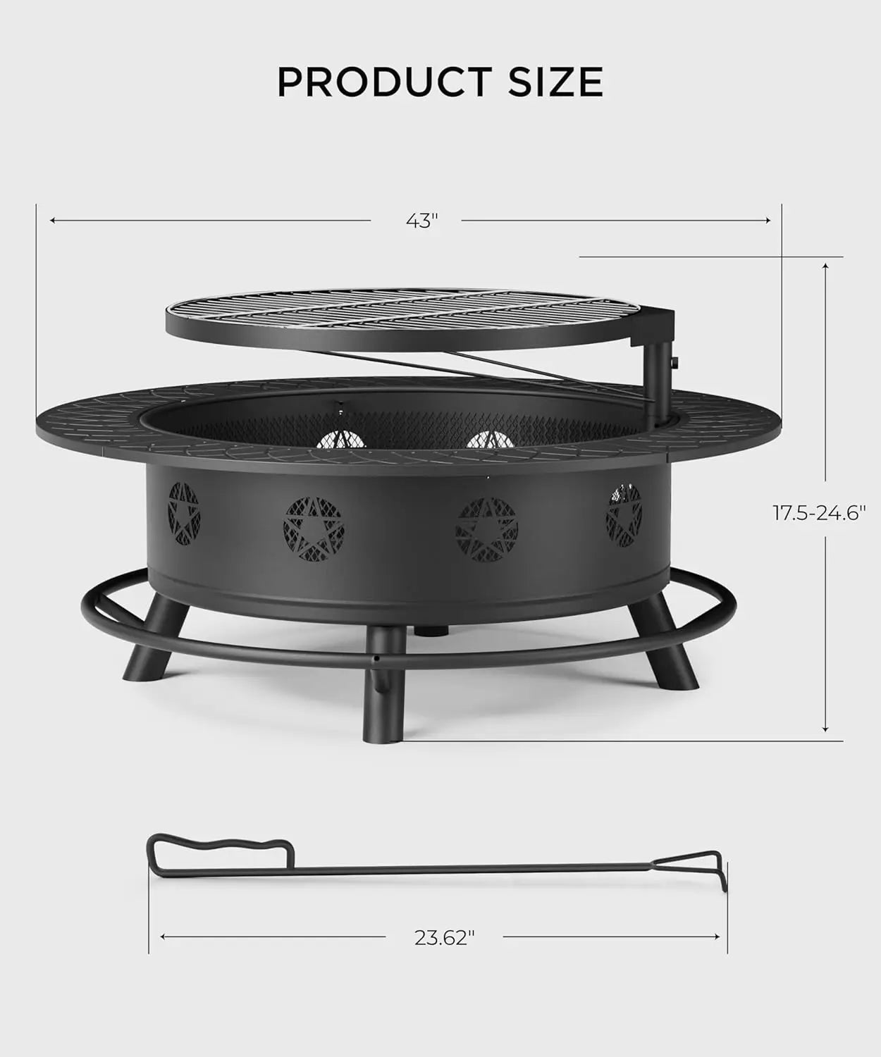 43 Inch Fire Pit BBQ Grill Outdoor Heavy Duty Wood Burning Firepit