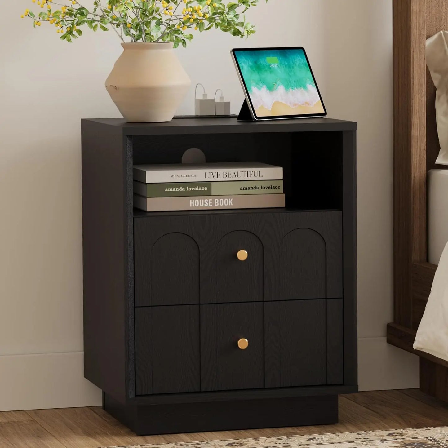 Nightstand with Charging Station Mid Century Modern Boho End Table