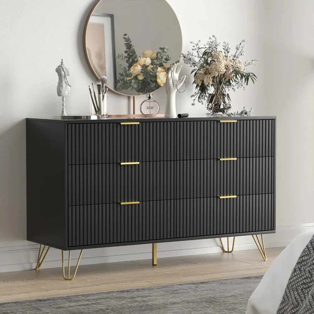 Modern 6 Drawer Dresser with Gold Handles for Bedroom and Living Room