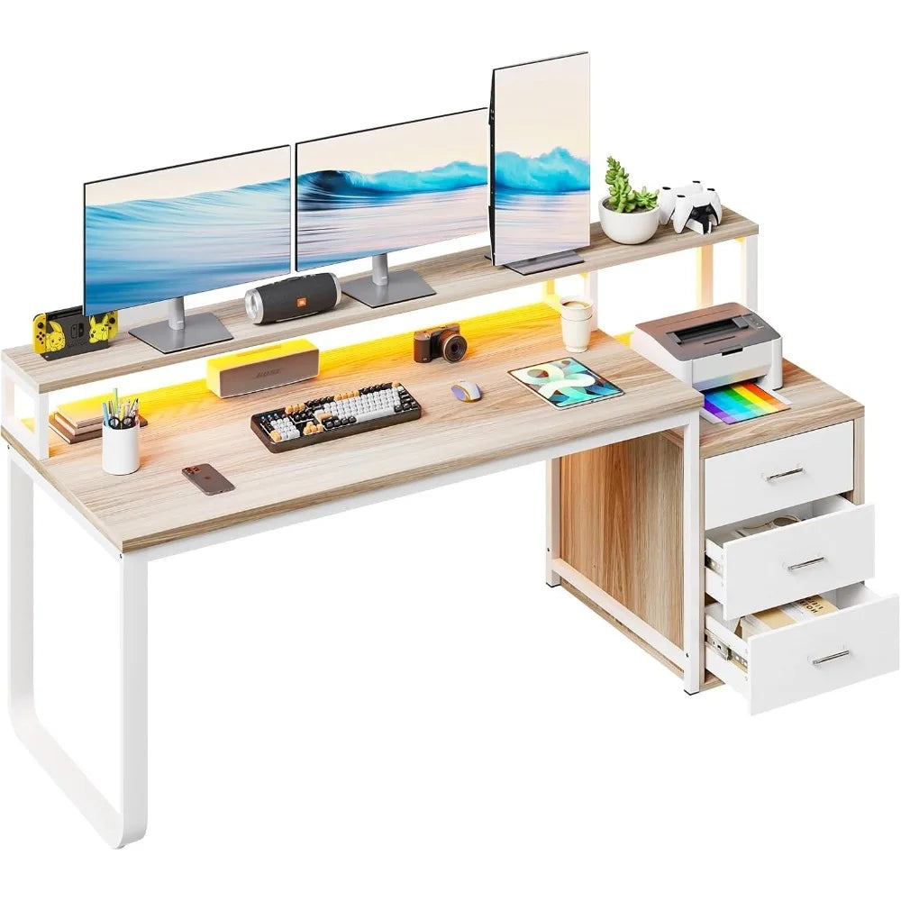Ljustra 67 Inch Computer Desk with 3 Drawers and LED Light for Home Office