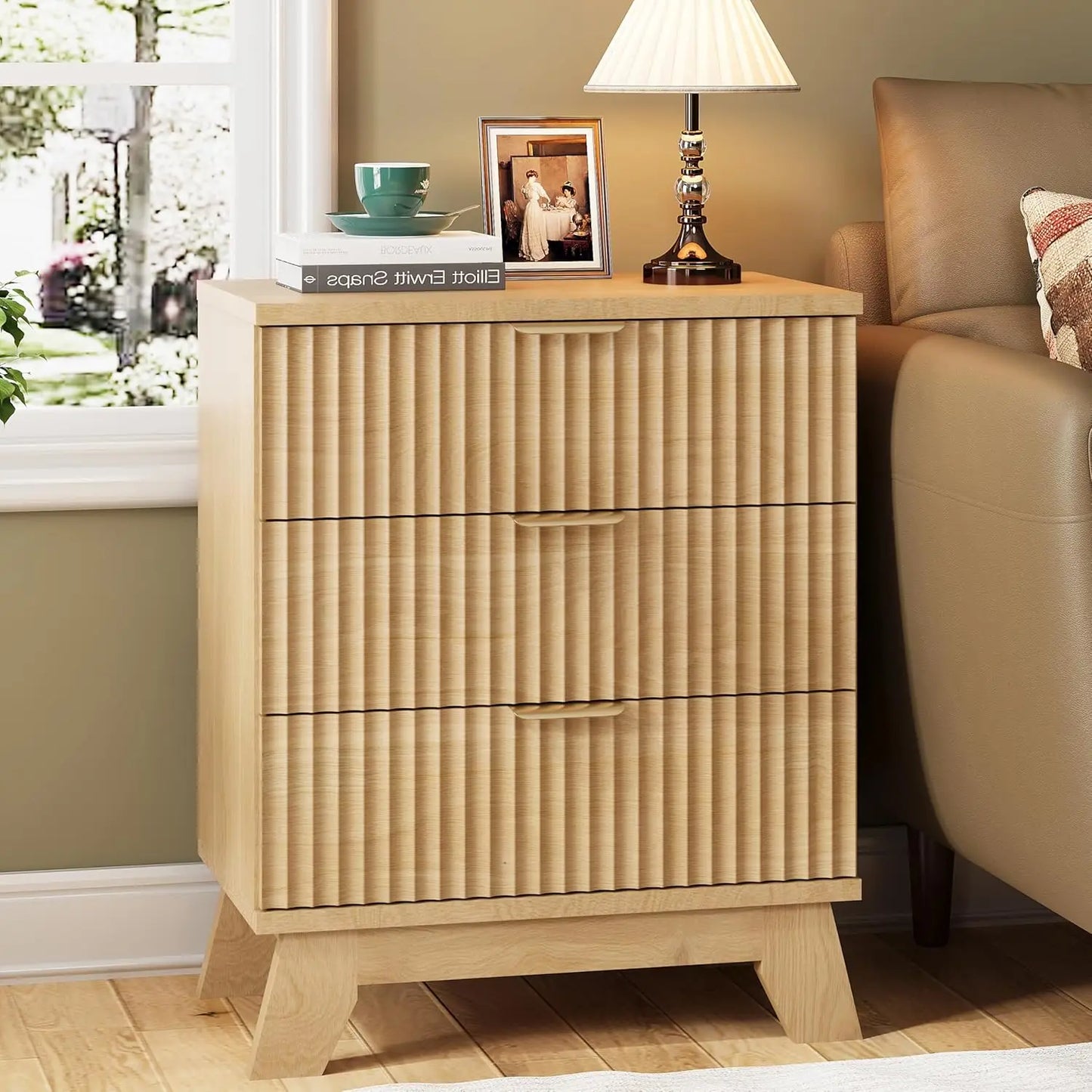 Fluted Nightstand 24 Inch Wide Side Table with 3 Storage Drawers