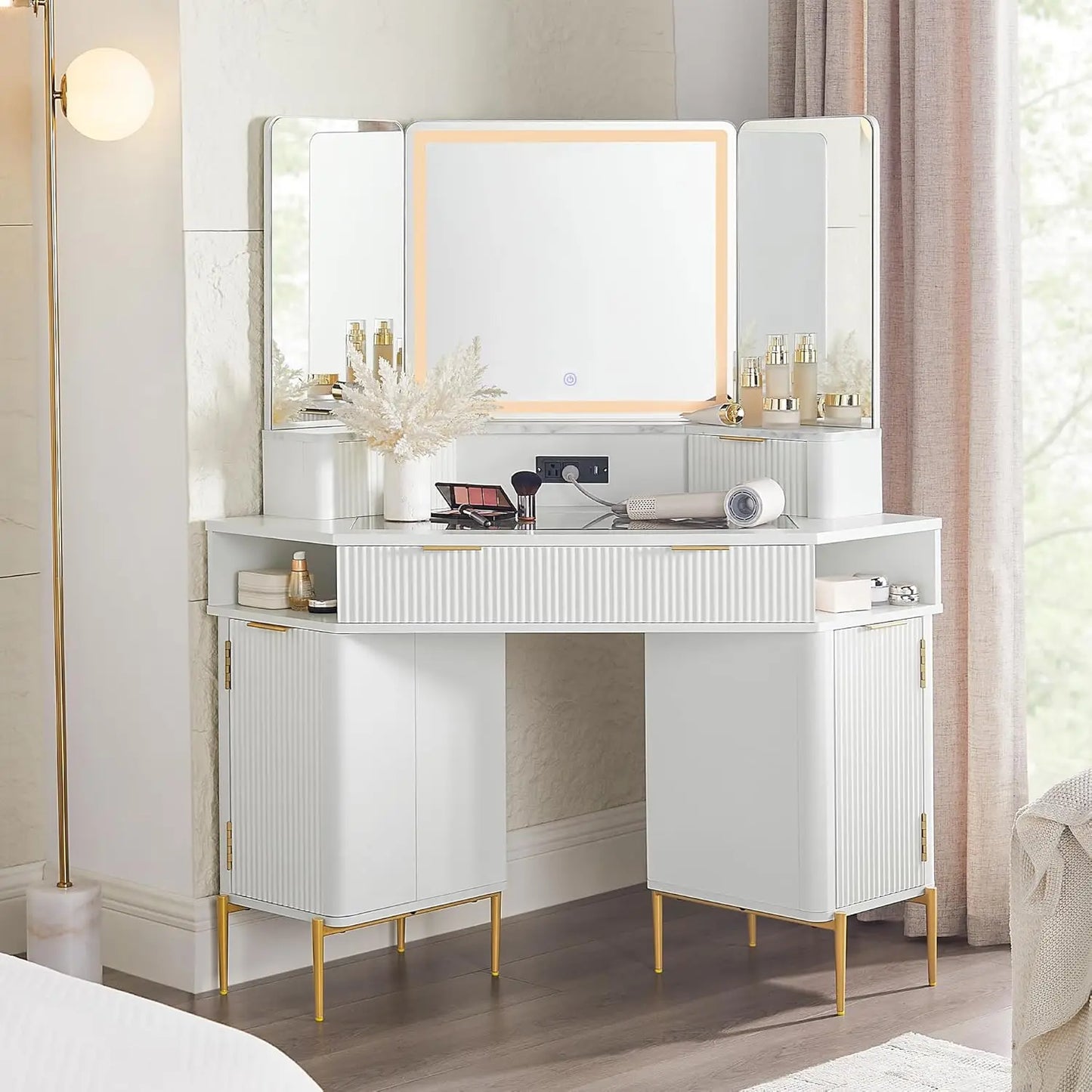 Corner Vanity Desk with Mirror Lights Storage and Charging Outlet