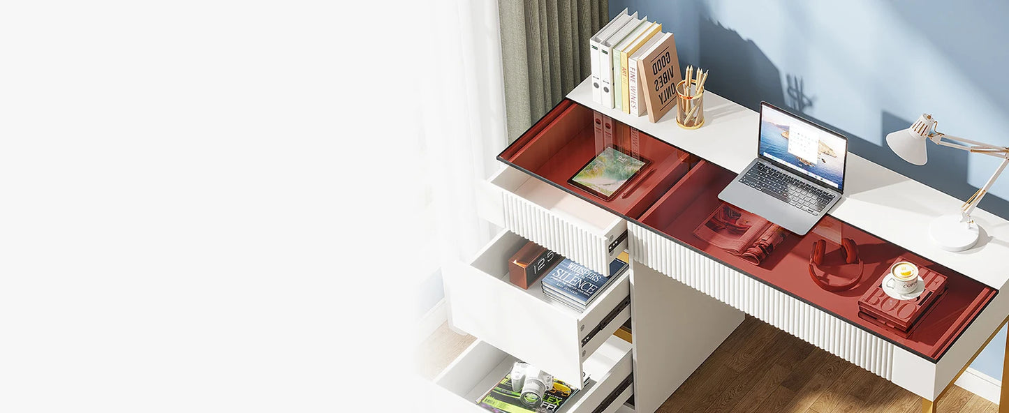 Modern 47 Inch Computer Desk with 4 Drawers Glass Top Home Office Furniture