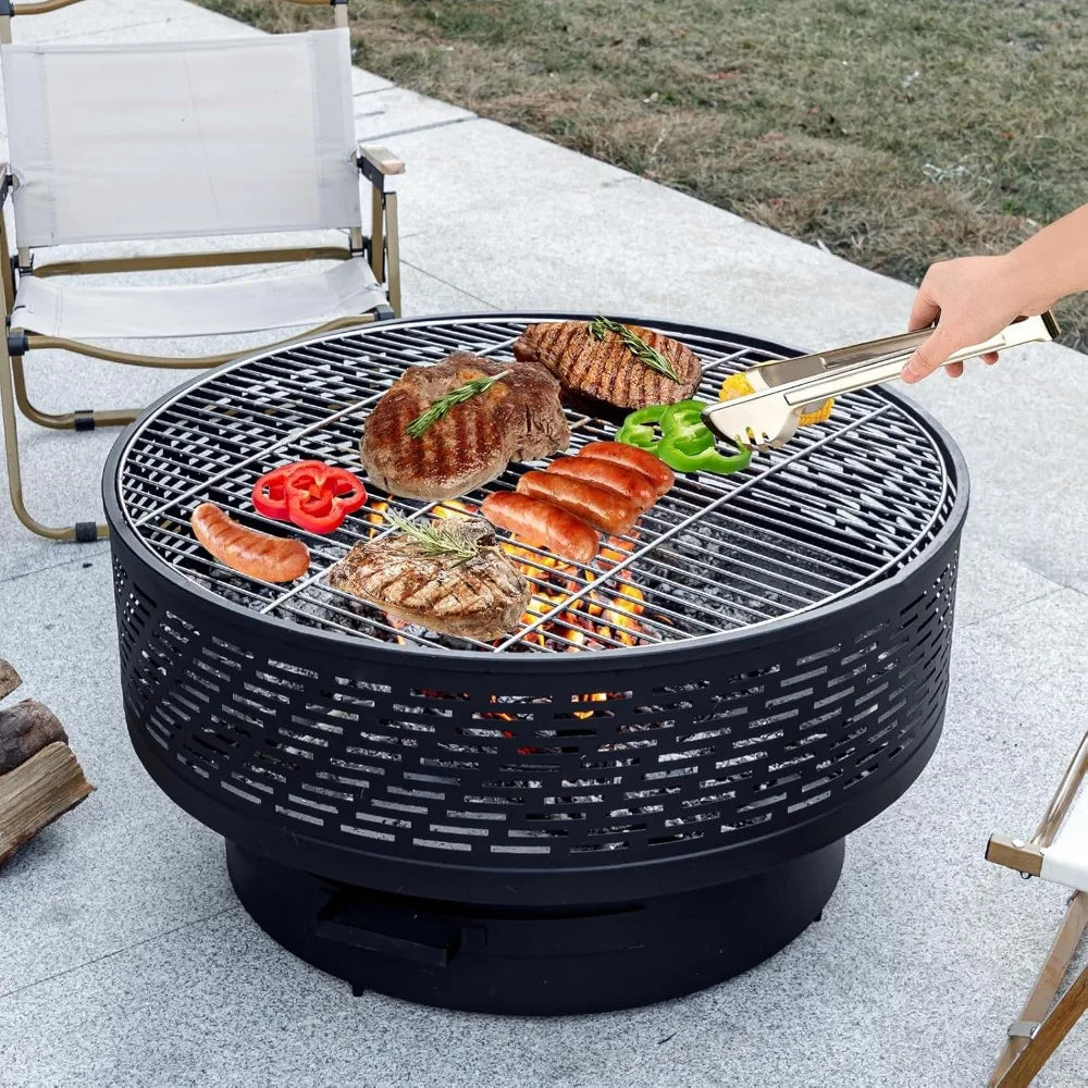 32 Inch Wood Burning Fire Pit Table with Grill Lid Waterproof Cover